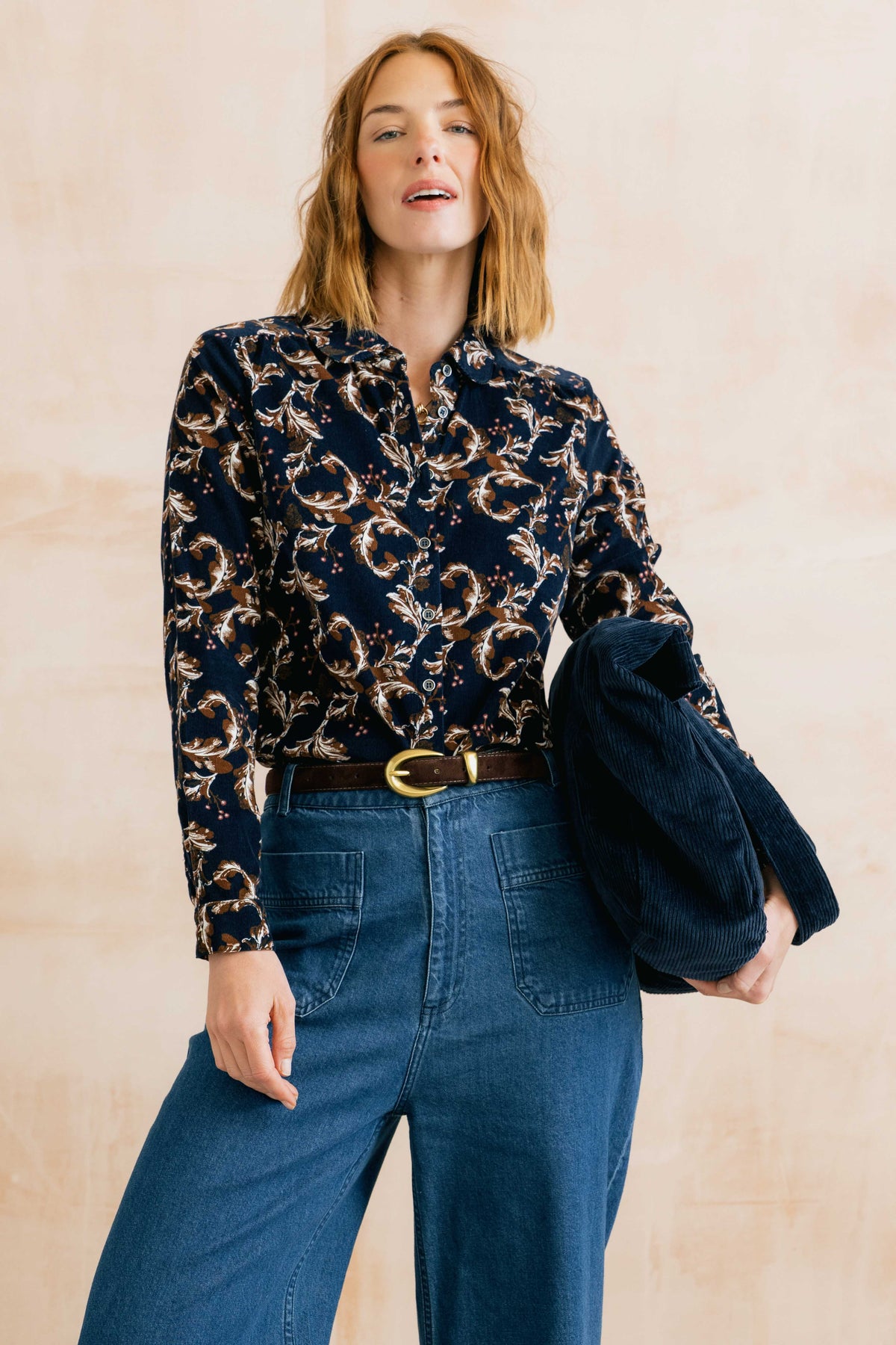 Lily & Me Beech Trailing Leaves Cotton Cord Shirt - Navy/Chocolate