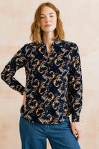 Lily & Me Beech Trailing Leaves Cotton Cord Shirt - Navy/Chocolate