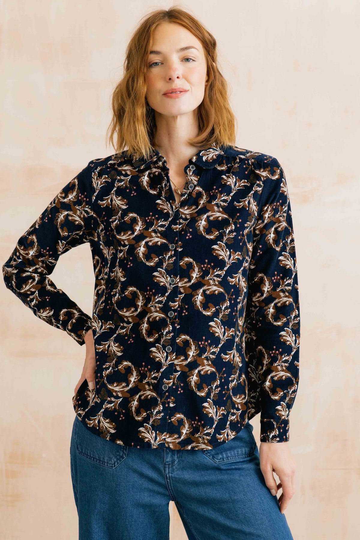 Lily & Me Beech Trailing Leaves Cotton Cord Shirt - Navy/Chocolate