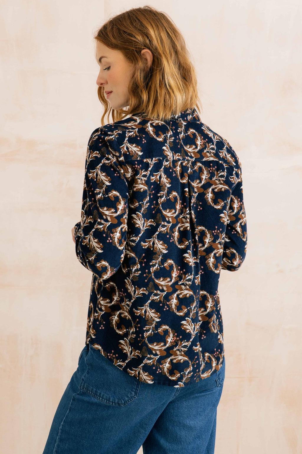 Lily & Me Beech Trailing Leaves Cotton Cord Shirt - Navy/Chocolate