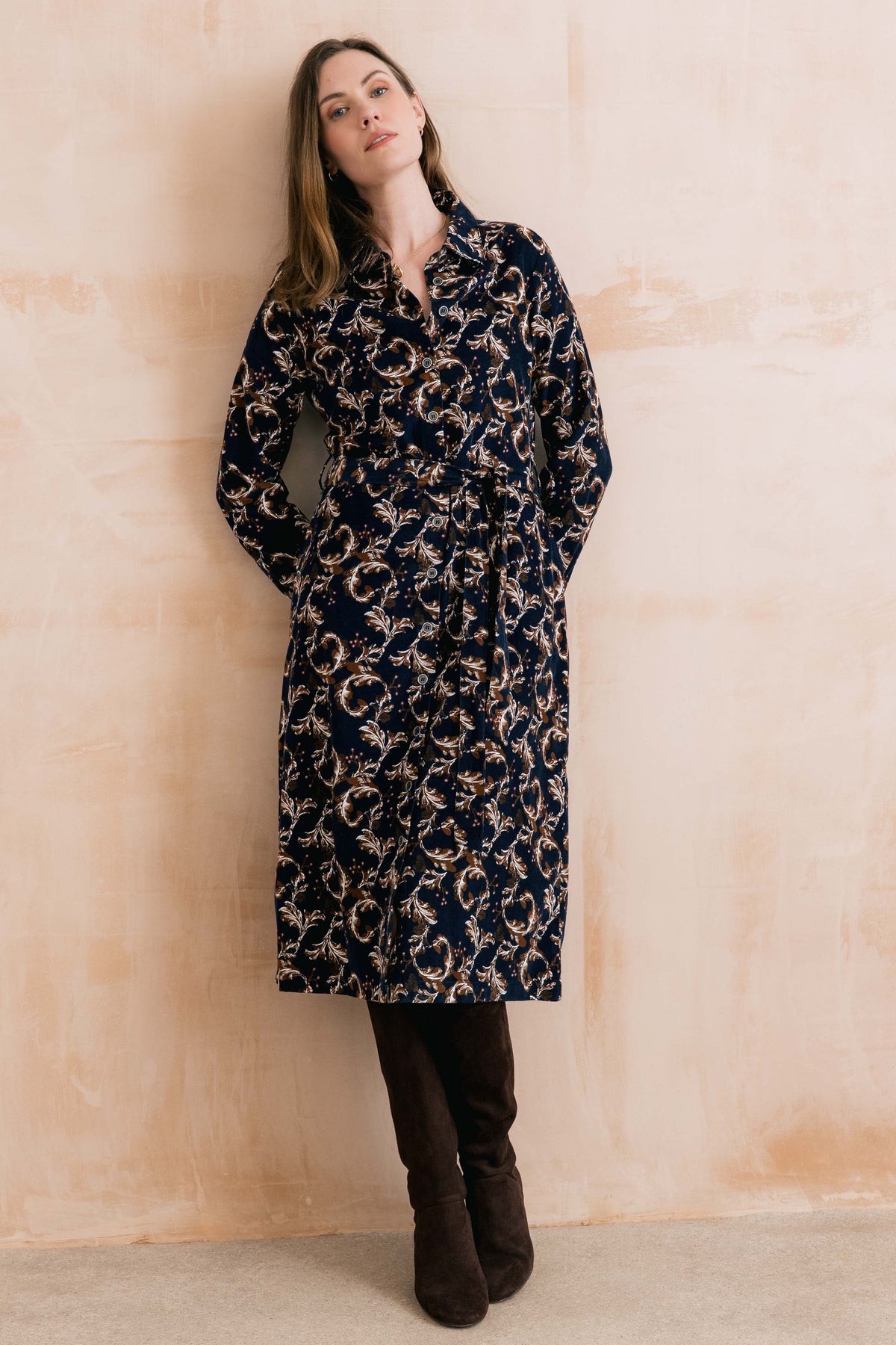 Lily & Me Anya Pincord Midi Dress - Navy Trailing Leaves