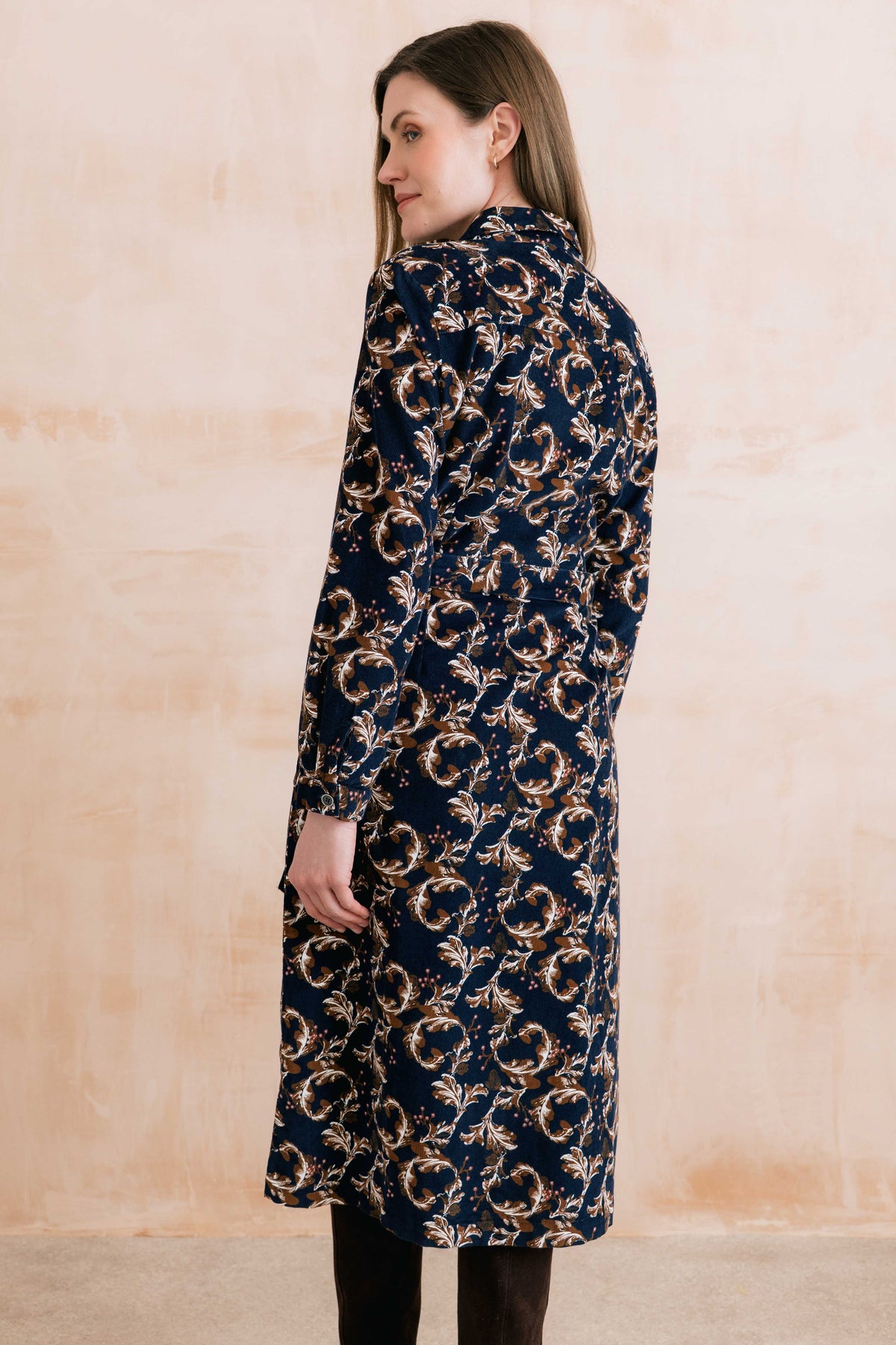 Lily & Me Anya Pincord Midi Dress - Navy Trailing Leaves