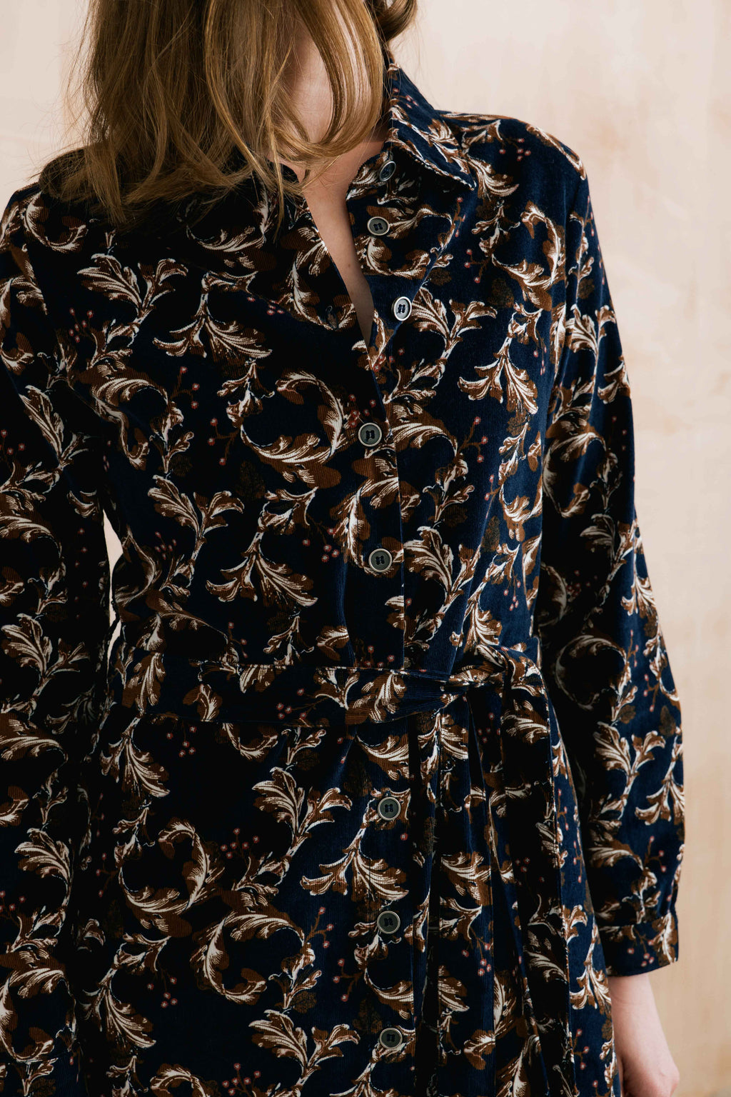 Lily & Me Anya Pincord Midi Dress - Navy Trailing Leaves