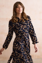 Lily & Me Anya Pincord Midi Dress - Navy Trailing Leaves