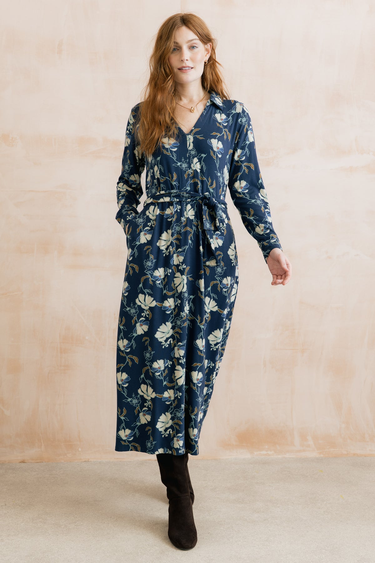 Lily & Me Rosanna Navy Botanical Jersey Viscose Midi Dress