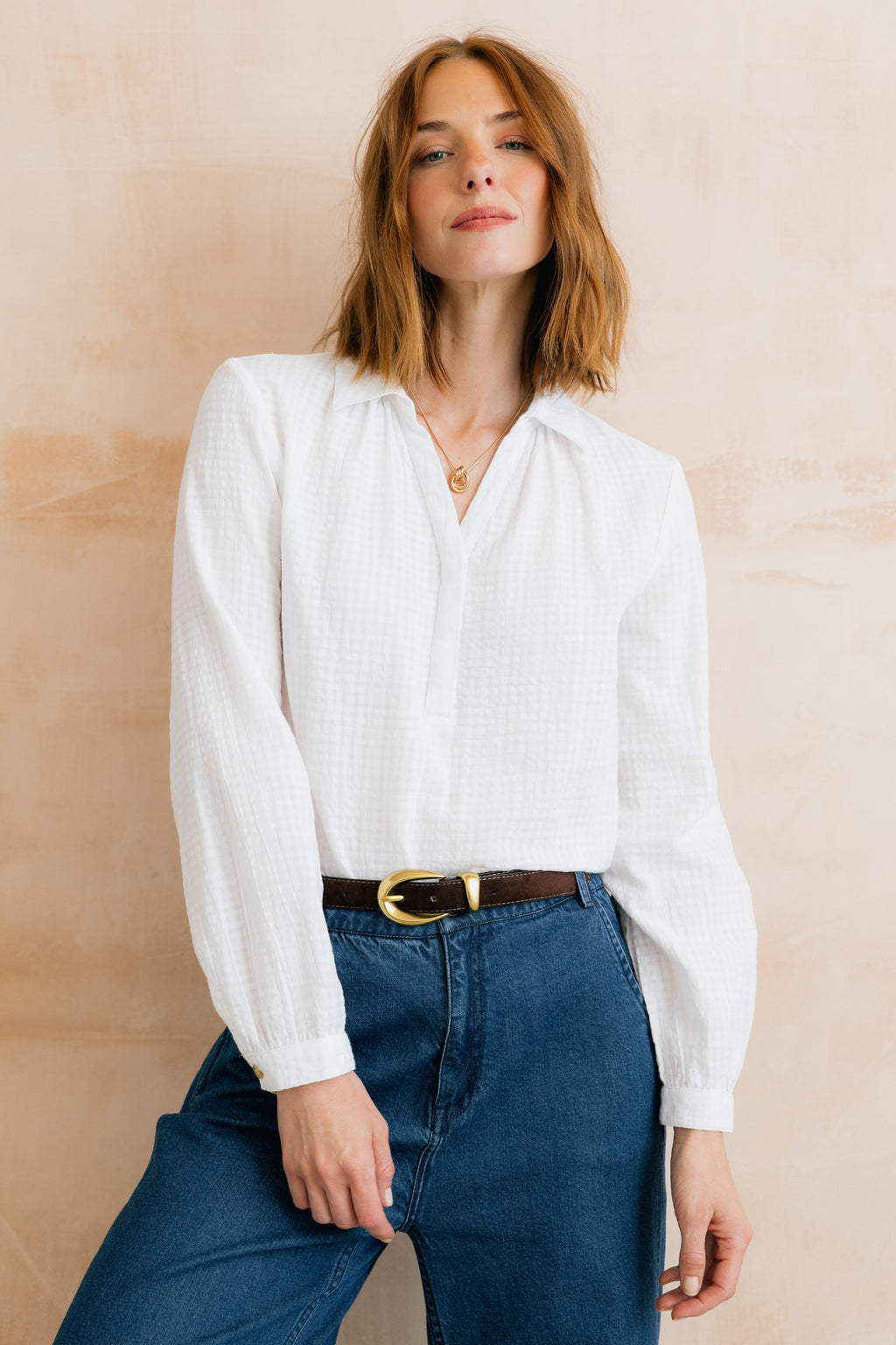 Lily & Me Linden White Textured Organic Cotton Blouse