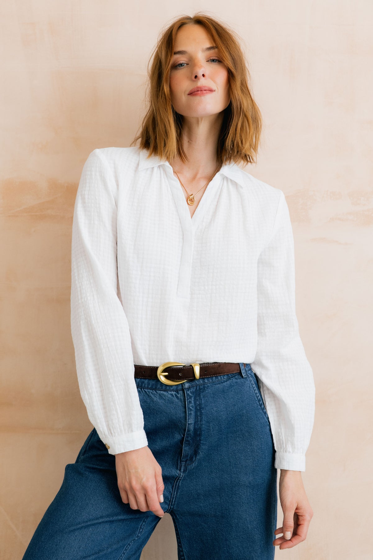 Lily & Me Linden White Textured Organic Cotton Blouse