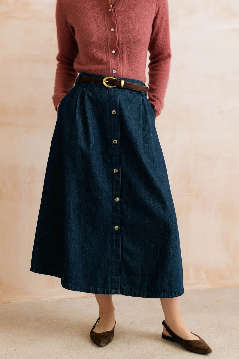 Lily & Me Holly Linen Cotton Denim A-Line Button Skirt