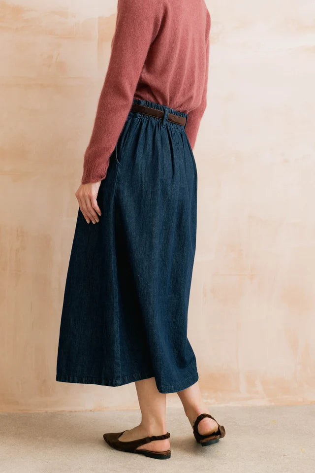 Lily & Me Holly Linen Cotton Denim A-Line Button Skirt
