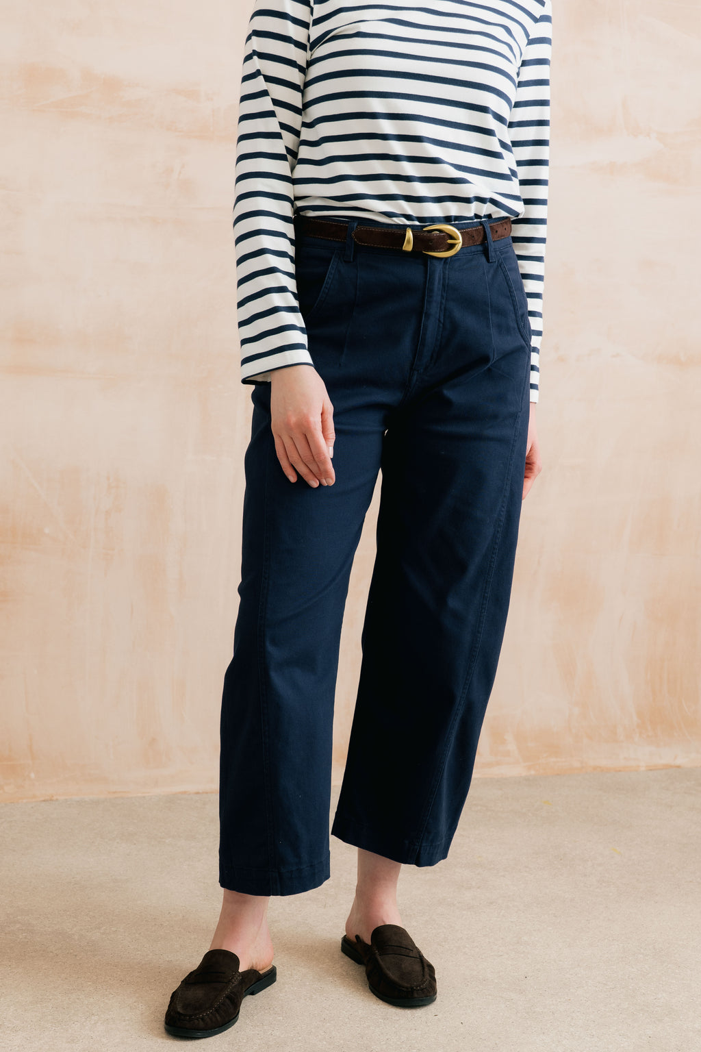 Lily & Me Charlie Cotton Twill Plain Navy Stretch Barrel Leg Trousers