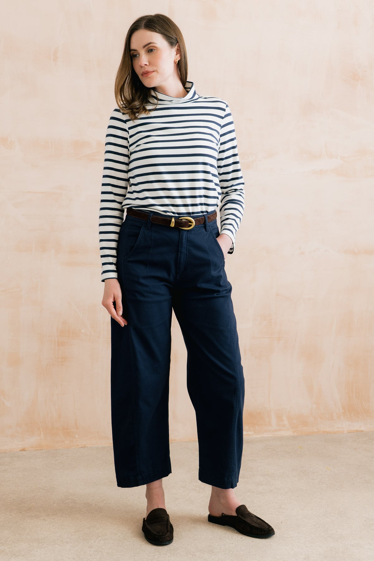 Lily & Me Charlie Cotton Twill Plain Navy Stretch Barrel Leg Trousers