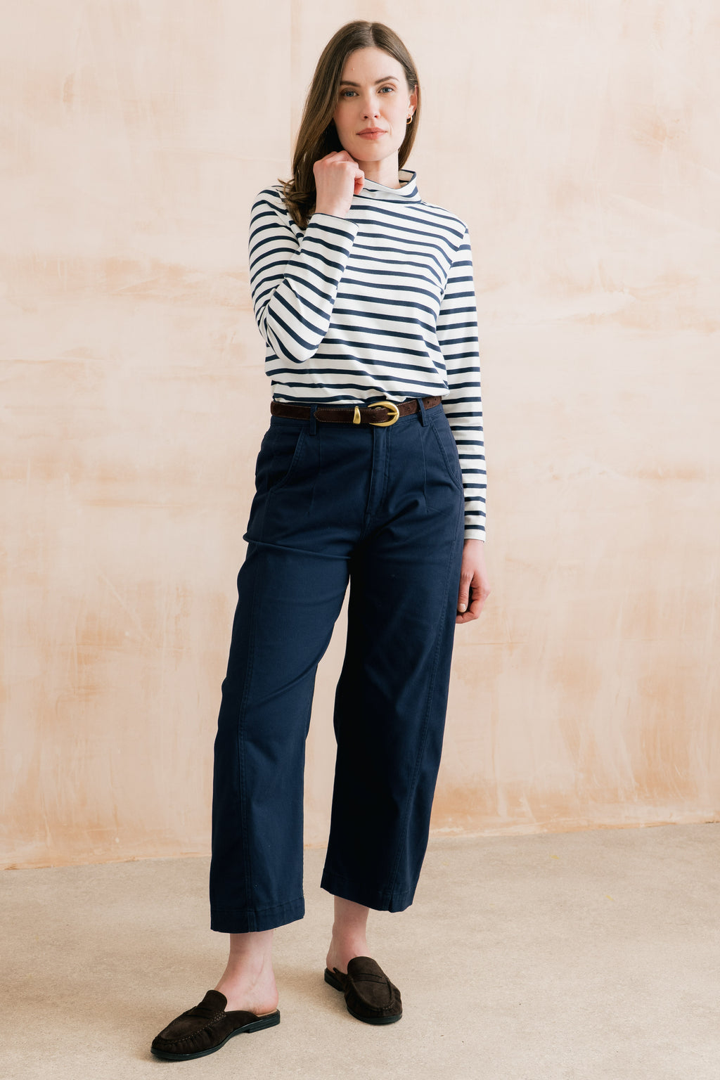 Lily & Me Charlie Cotton Twill Plain Navy Stretch Barrel Leg Trousers