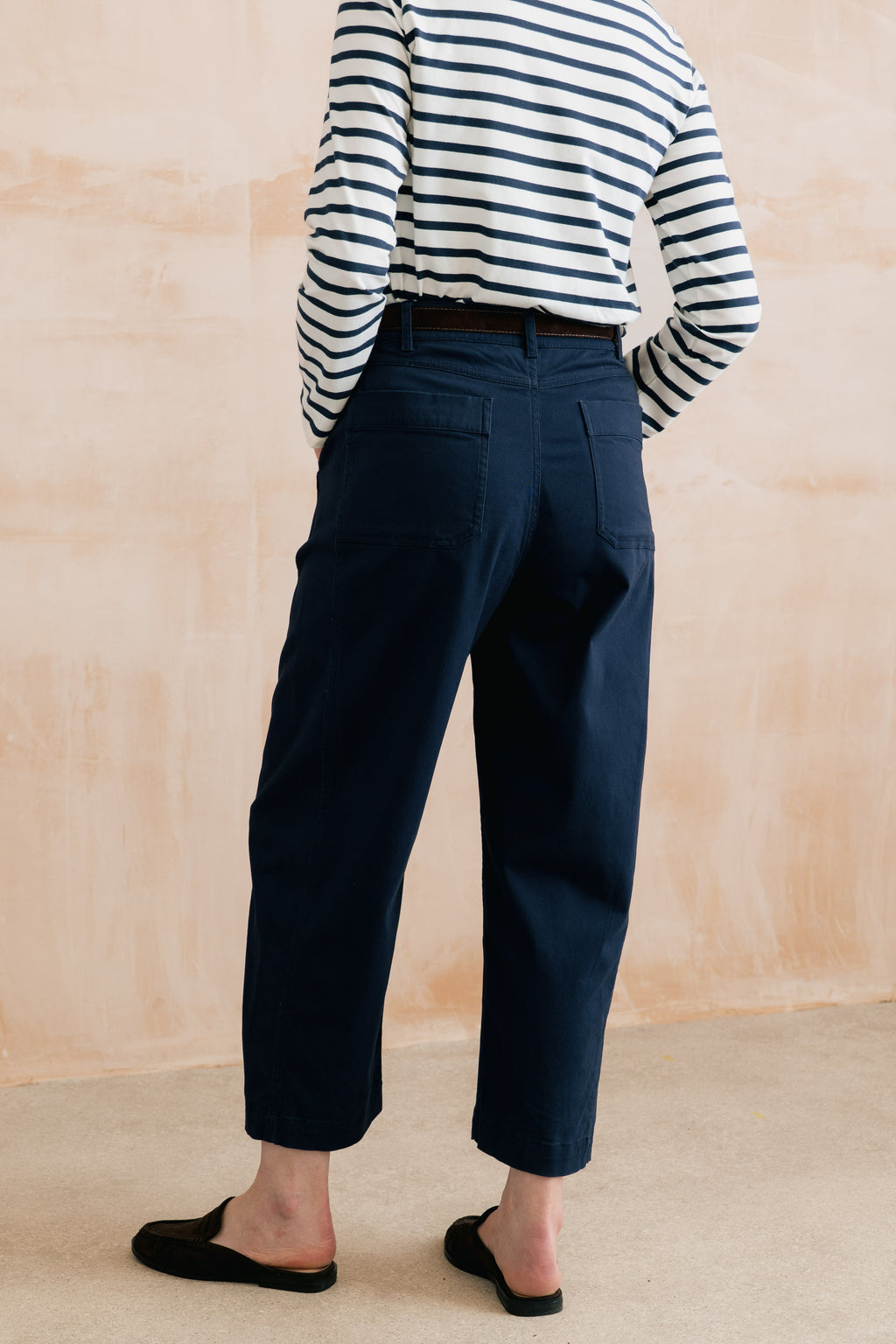 Lily & Me Charlie Cotton Twill Plain Navy Stretch Barrel Leg Trousers