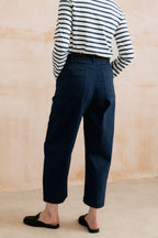 Lily & Me Charlie Cotton Twill Plain Navy Stretch Barrel Leg Trousers