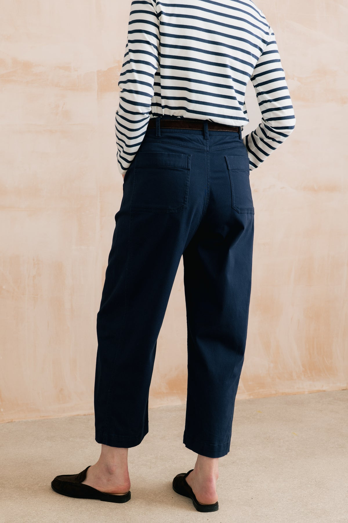 Lily & Me Charlie Cotton Twill Plain Navy Stretch Barrel Leg Trousers