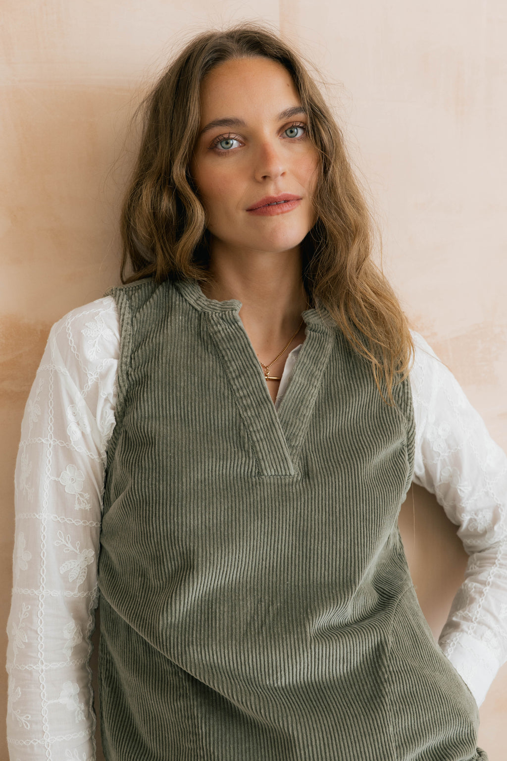 Lily & Me Belle Jumbo Cord Stretch Sage Green Pinafore Dress