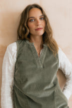 Lily & Me Belle Jumbo Cord Stretch Sage Green Pinafore Dress