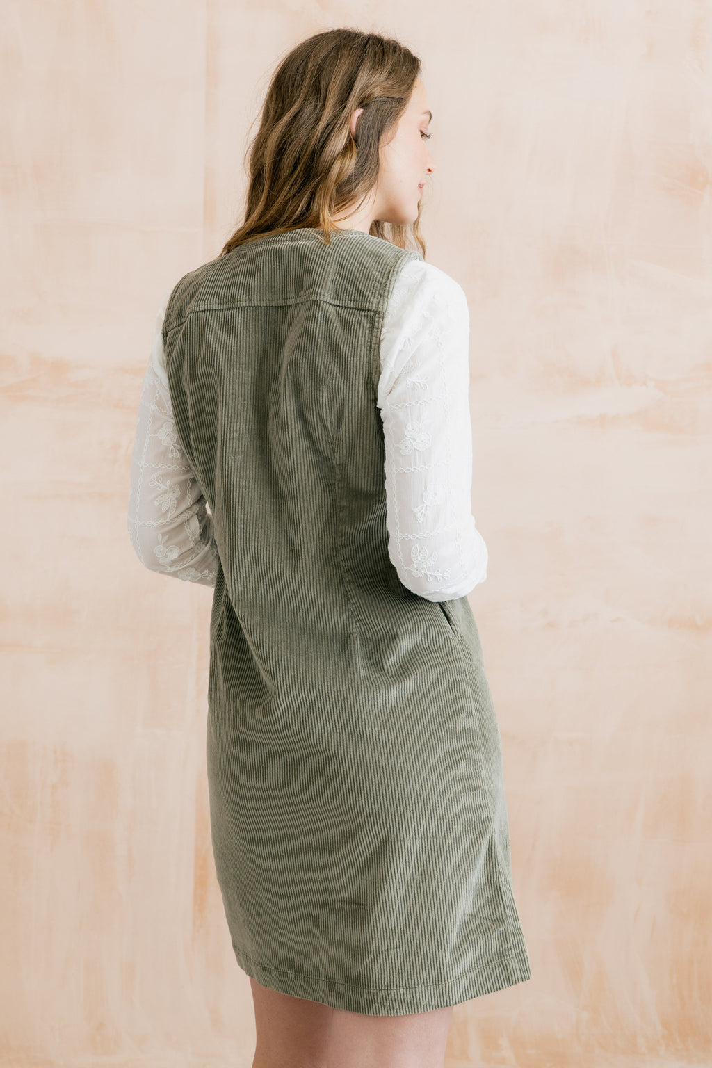 Lily & Me Belle Jumbo Cord Stretch Sage Green Pinafore Dress