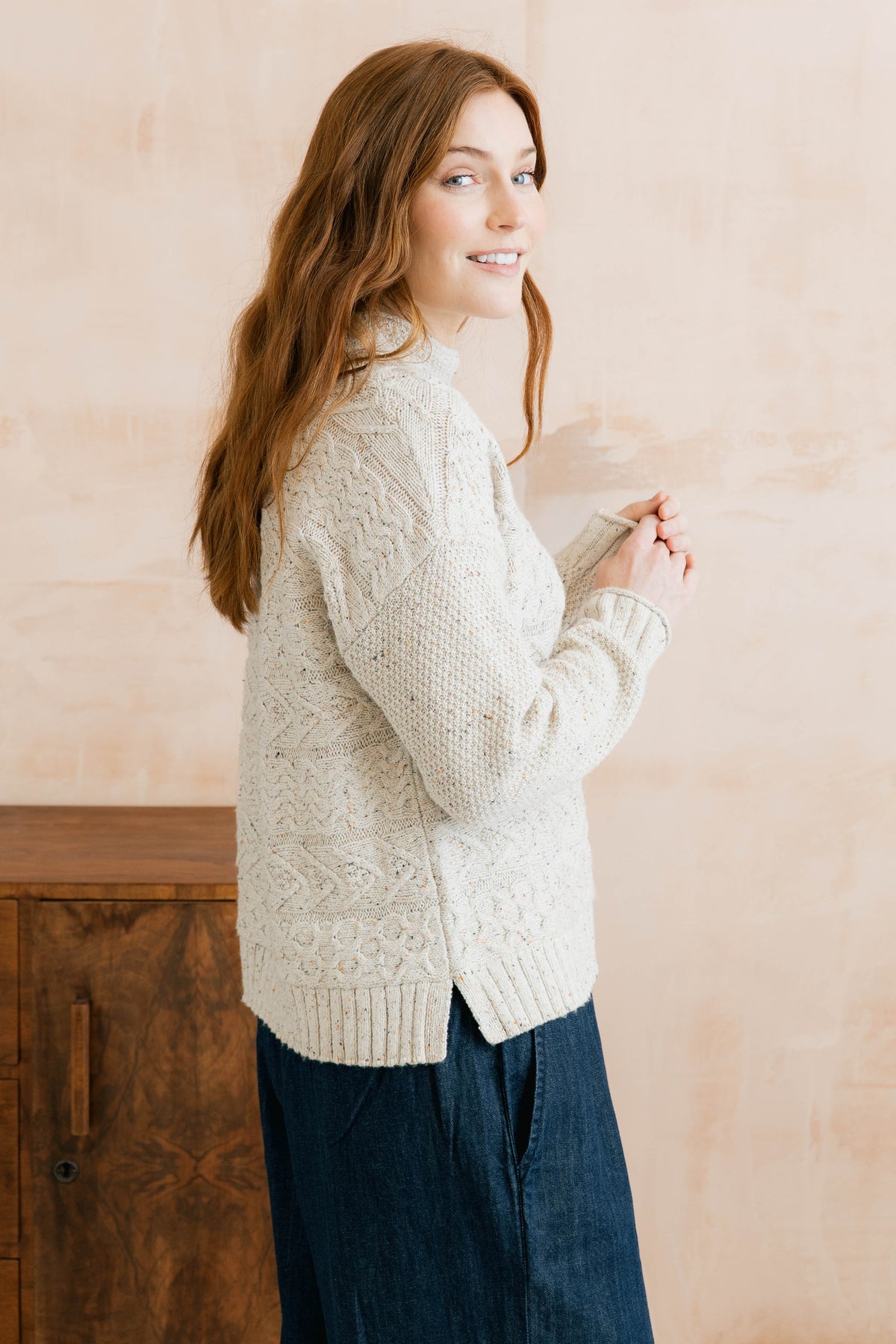 Lily & Me Sonia Ecru Fleck Cotton Blend Fisherman's Jumper