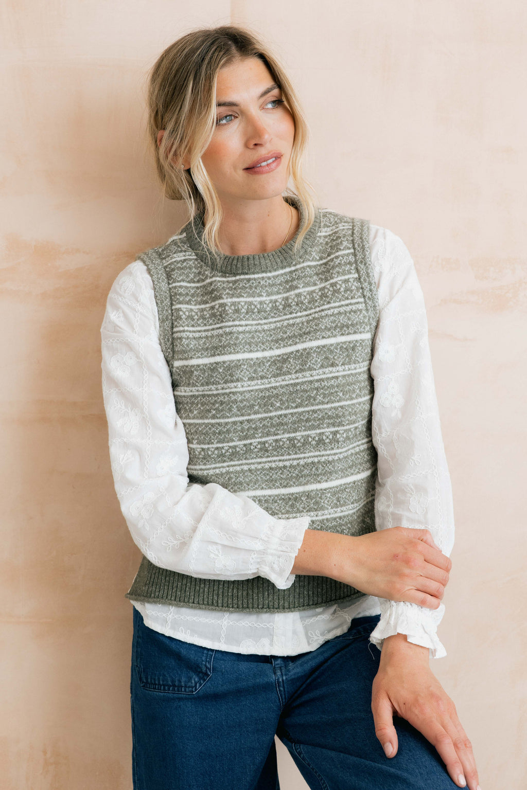 Lily & Me Joan Fair Isle Sleeveless Knitted Tank Top - Mist or Sage