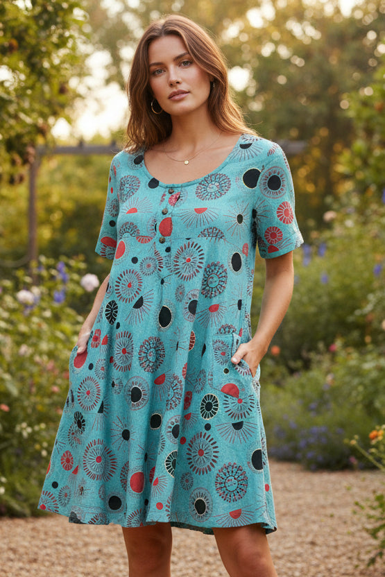 Gringo Fairtrade Smiling Sun Dress ~ Aqua, Blue or Purple