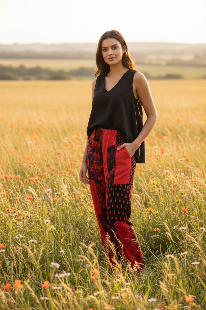 Gringo Fairtrade Indonesian Patchwork Trousers Red ~ Large