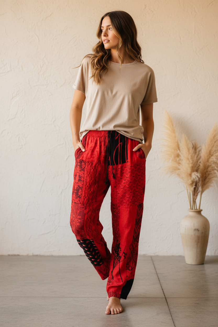 Gringo Fairtrade Indonesian Red Patchwork Trousers ~ Small