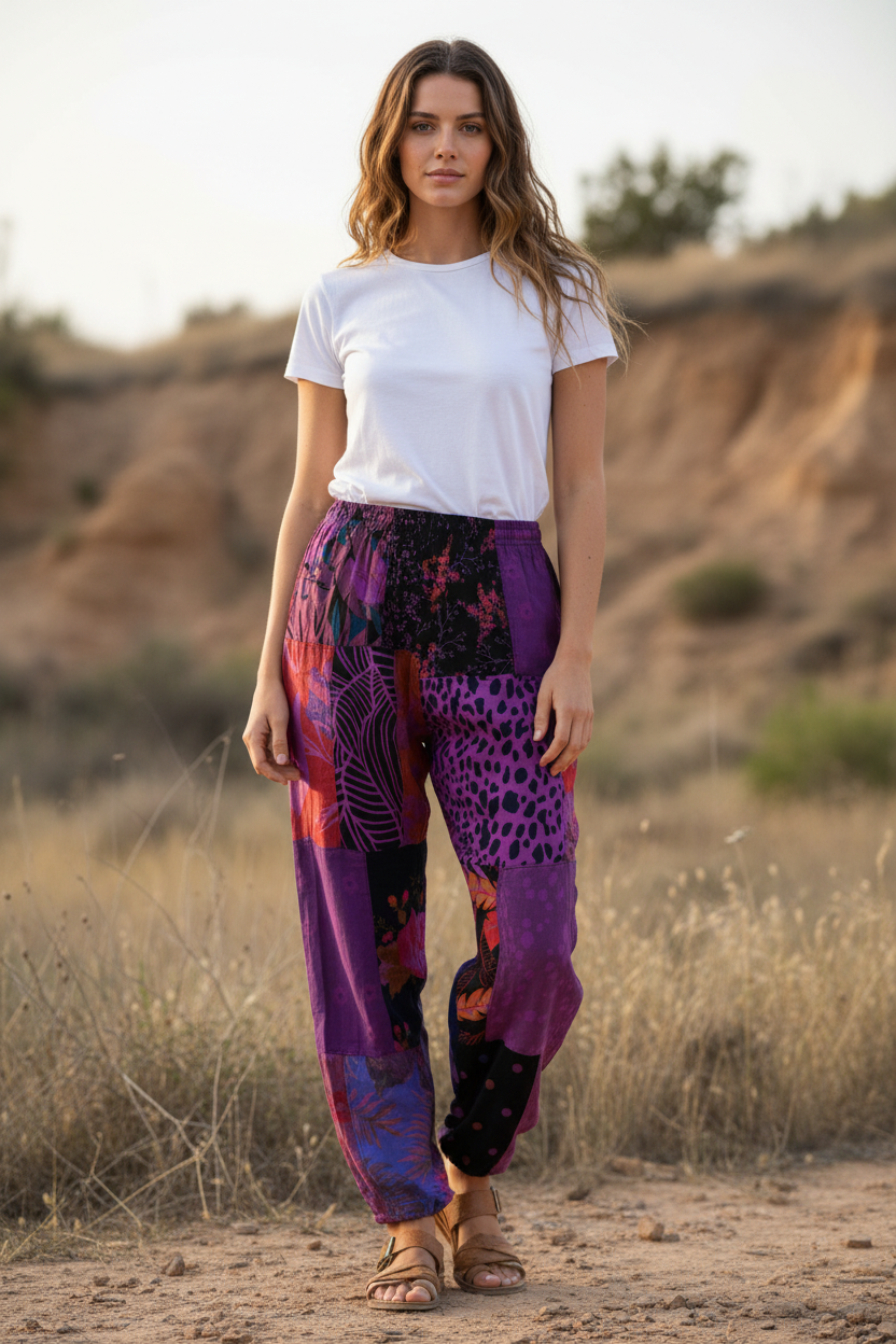 Gringo Fairtrade Indonesian Purple Patchwork Trousers ~ Small