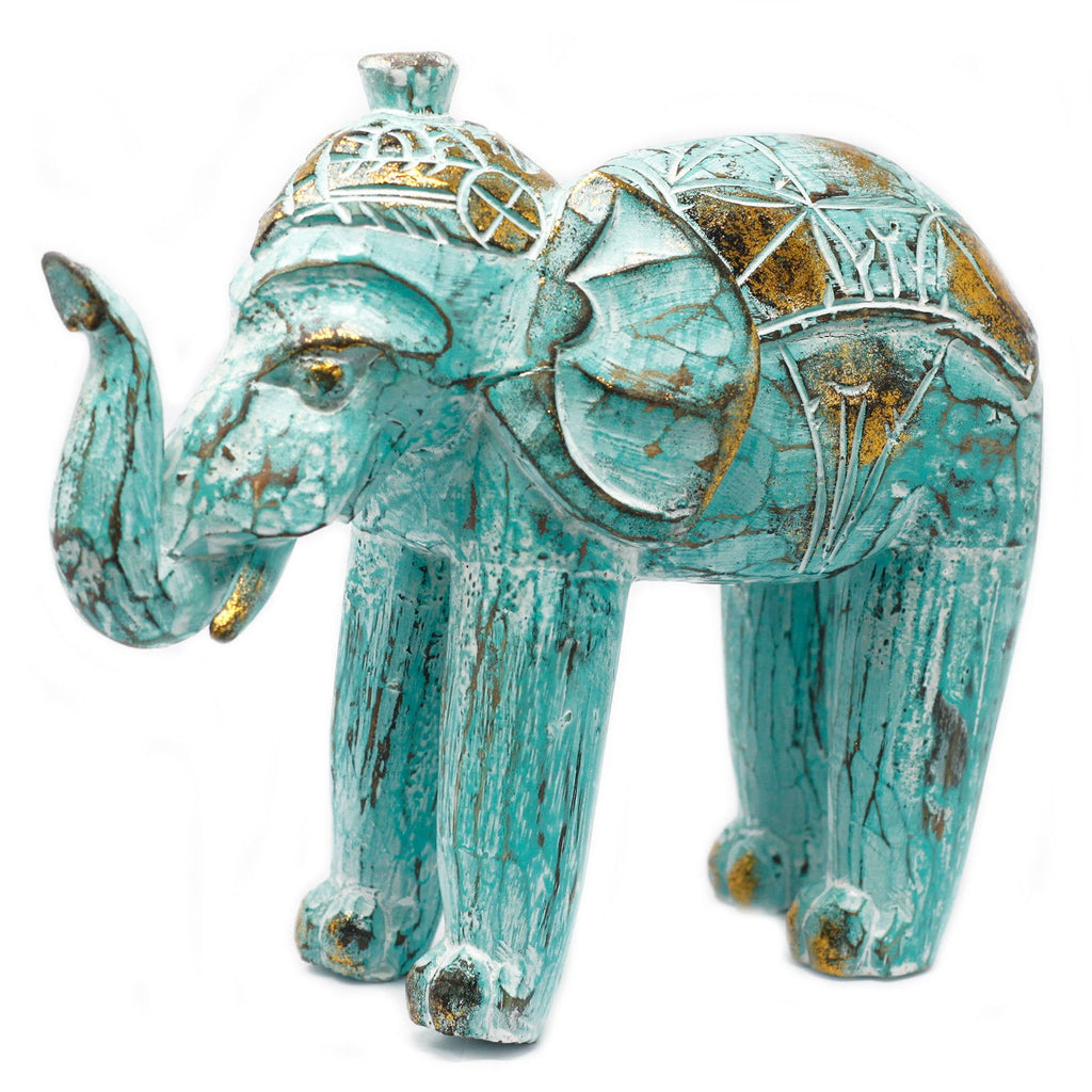 Turquoise Gold Wooden Carved Elephant