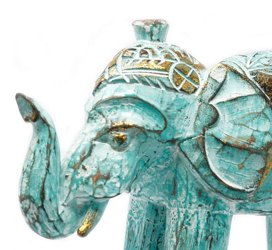 Turquoise Gold Wooden Carved Elephant