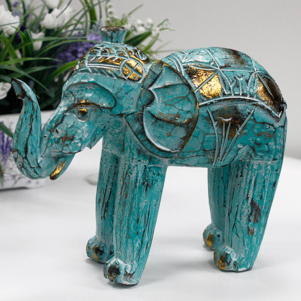 Turquoise Gold Wooden Carved Elephant
