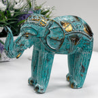 Turquoise Gold Wooden Carved Elephant