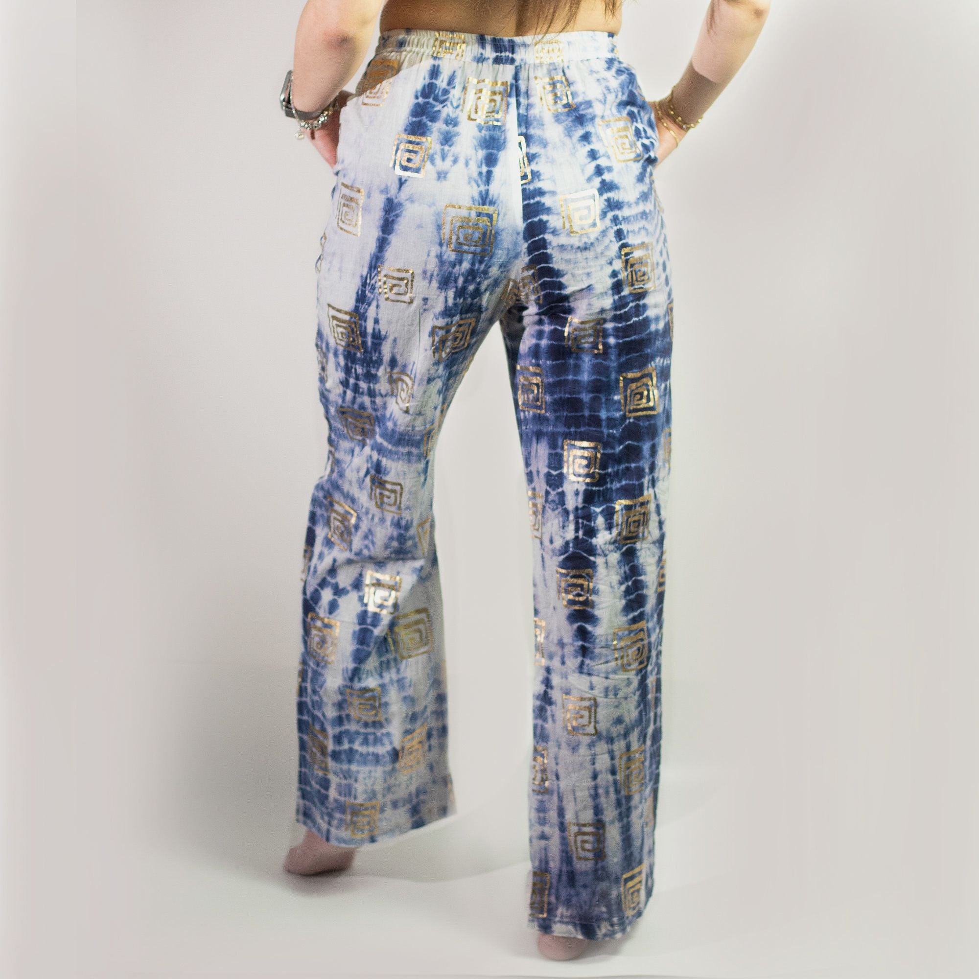 Ancient Wisdom Nomad Tie-Dye Sari Lounge Pants with Gold Print