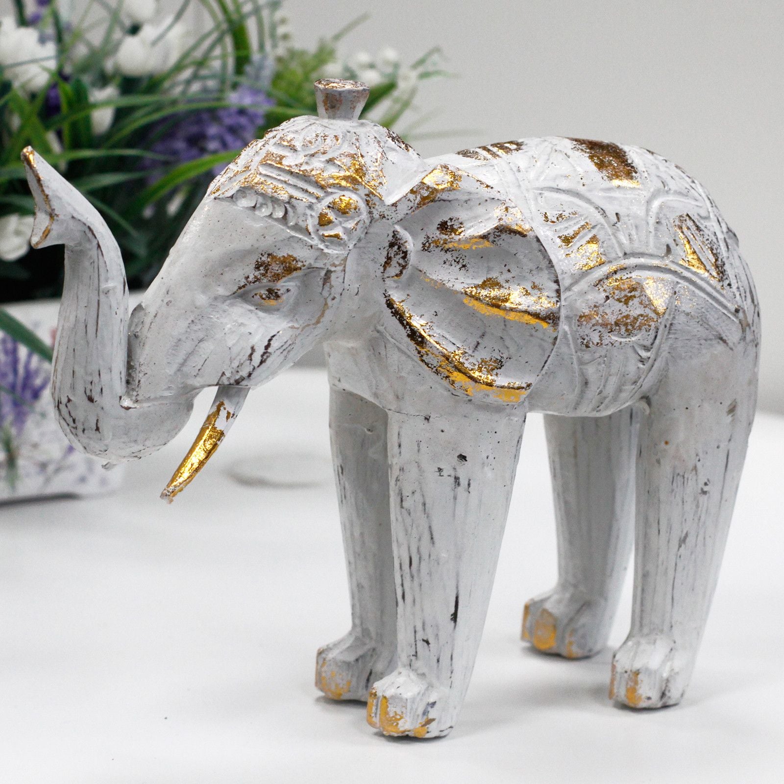 Wood Carved Elephant ~ White Gold