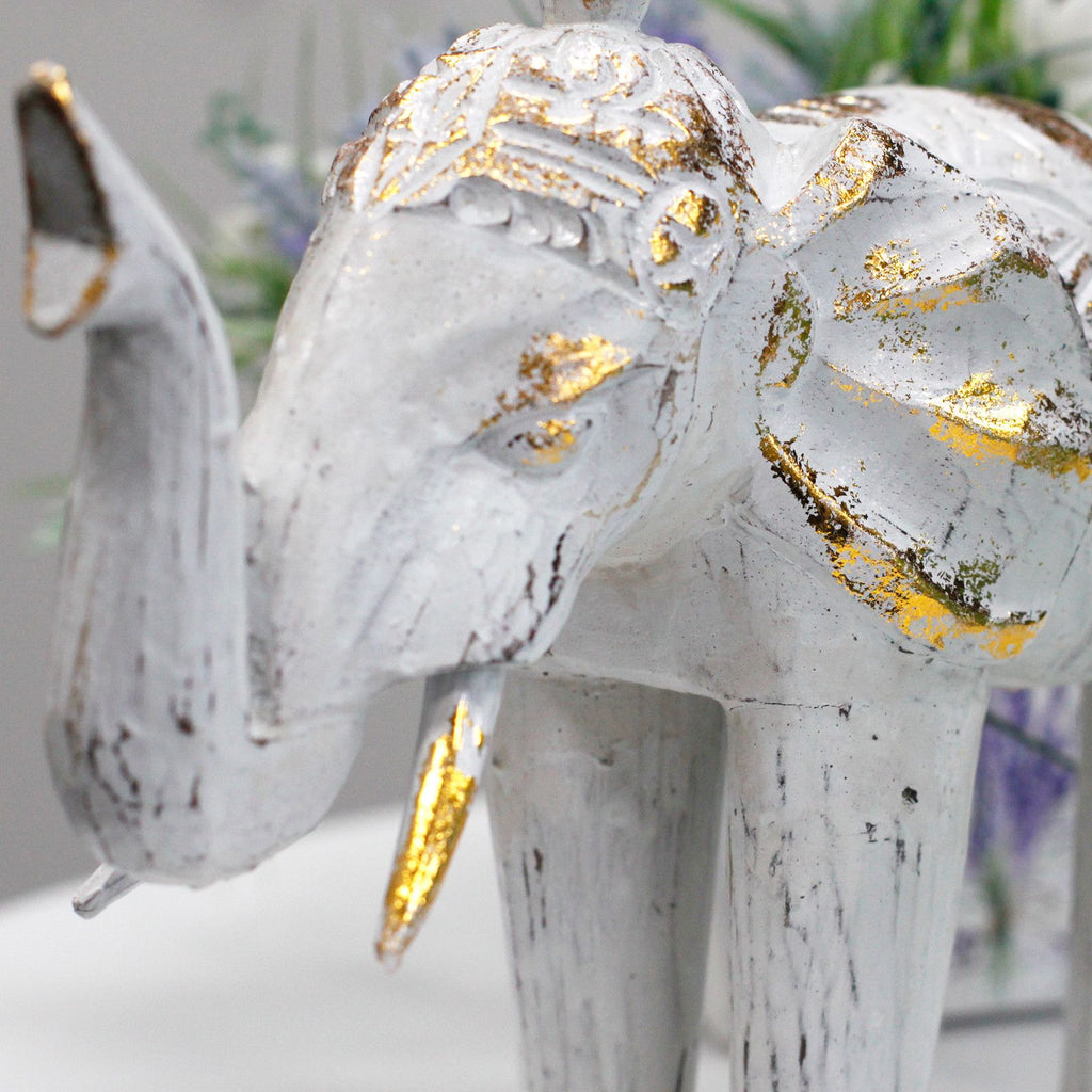 Wood Carved Elephant ~ White Gold
