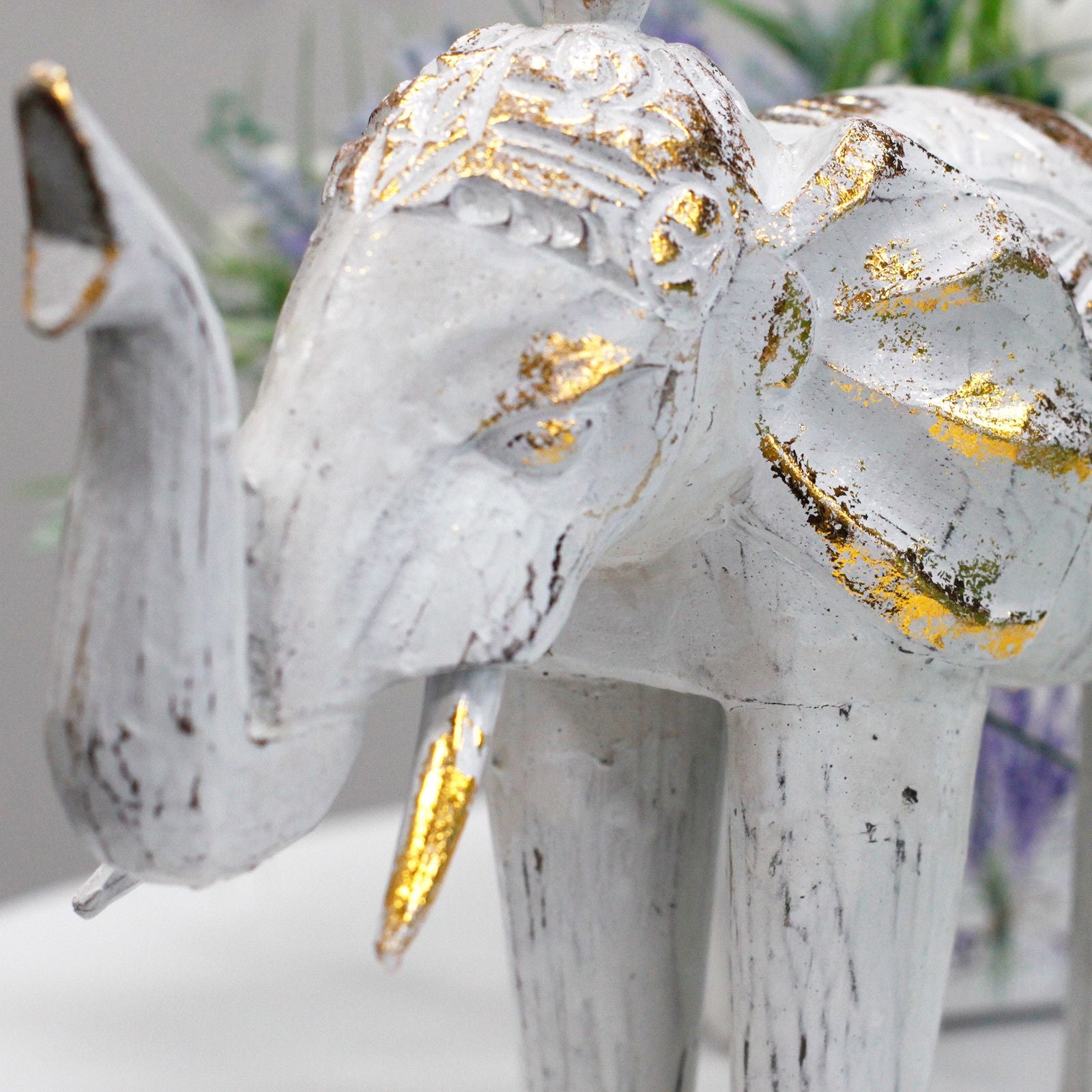 Wood Carved Elephant ~ White Gold