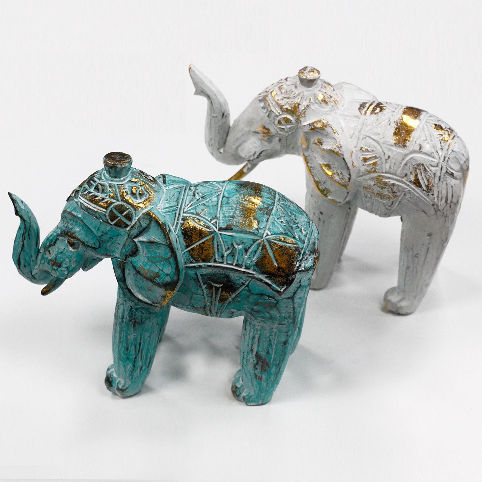 Wood Carved Elephant ~ White Gold