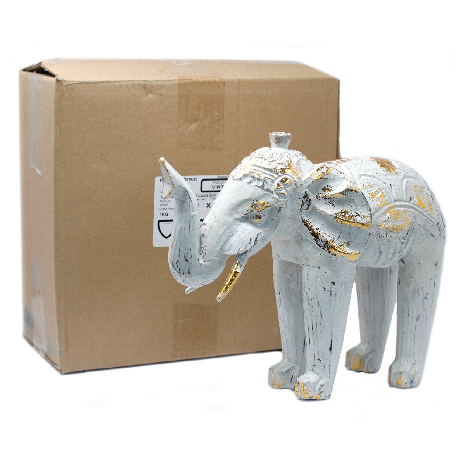 Wood Carved Elephant ~ White Gold