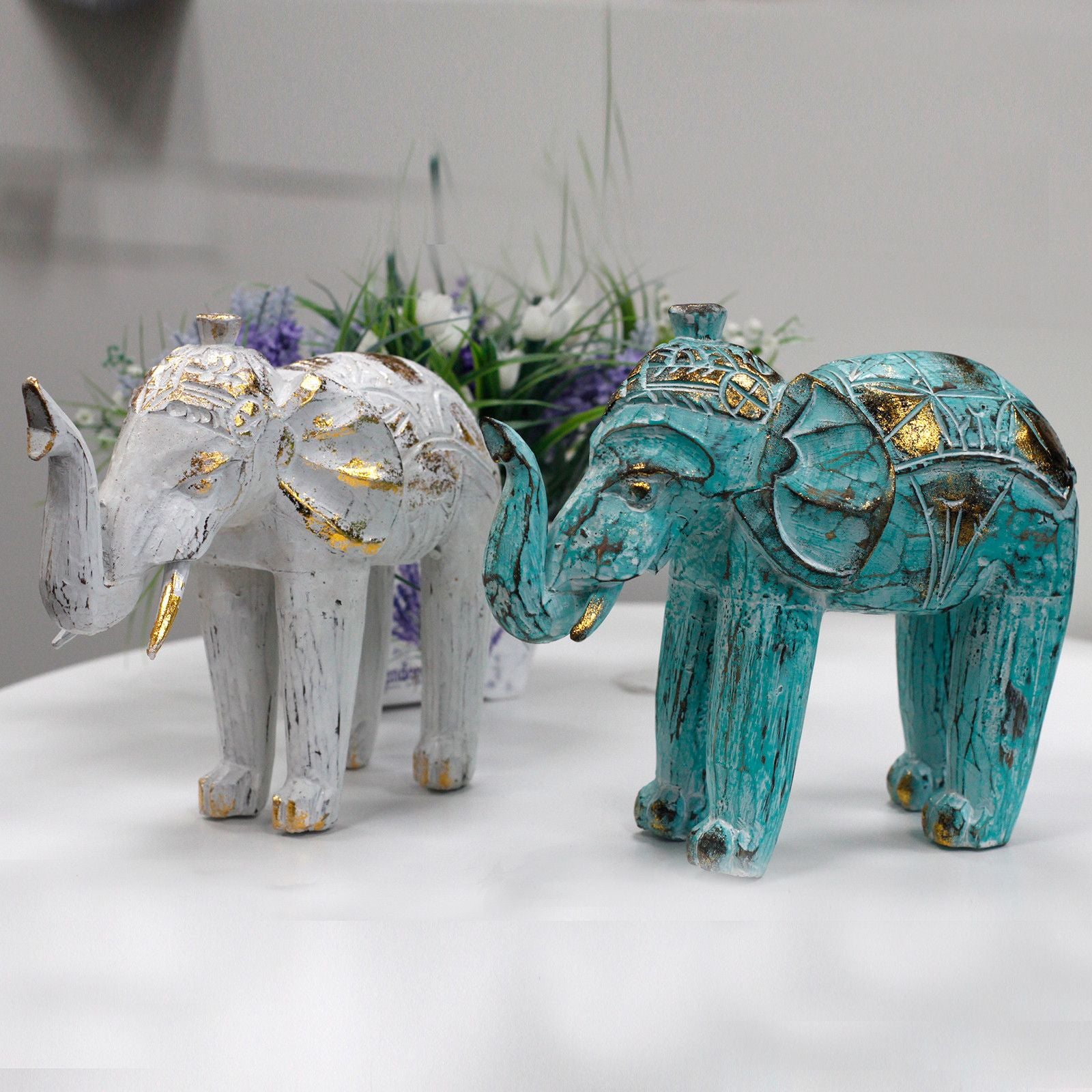 Turquoise Gold Wooden Carved Elephant