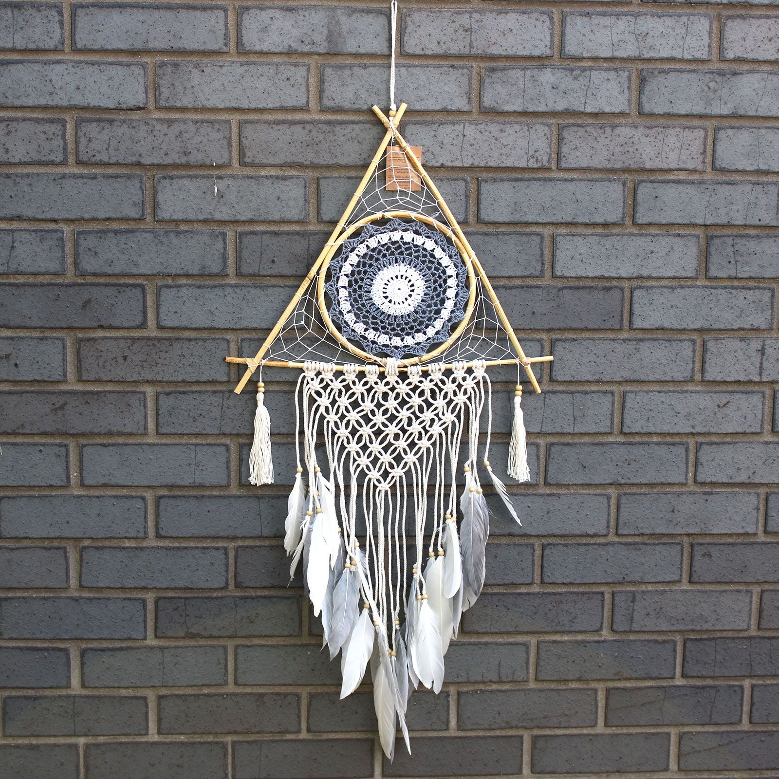 Macrame Protection Pyramid Dream Catcher ~ White & Grey
