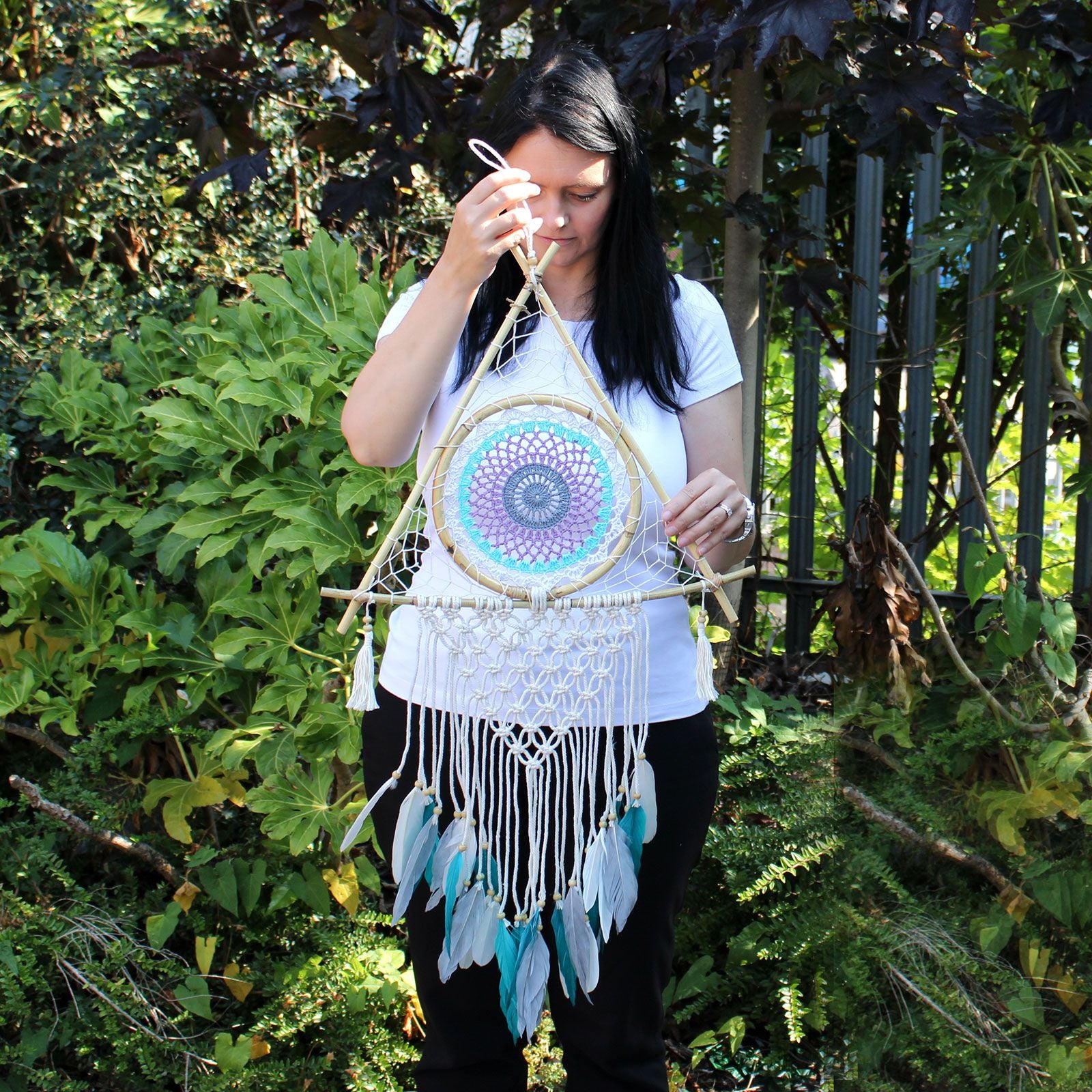 Macrame Protection Dream Catcher ~ White and Turquoise