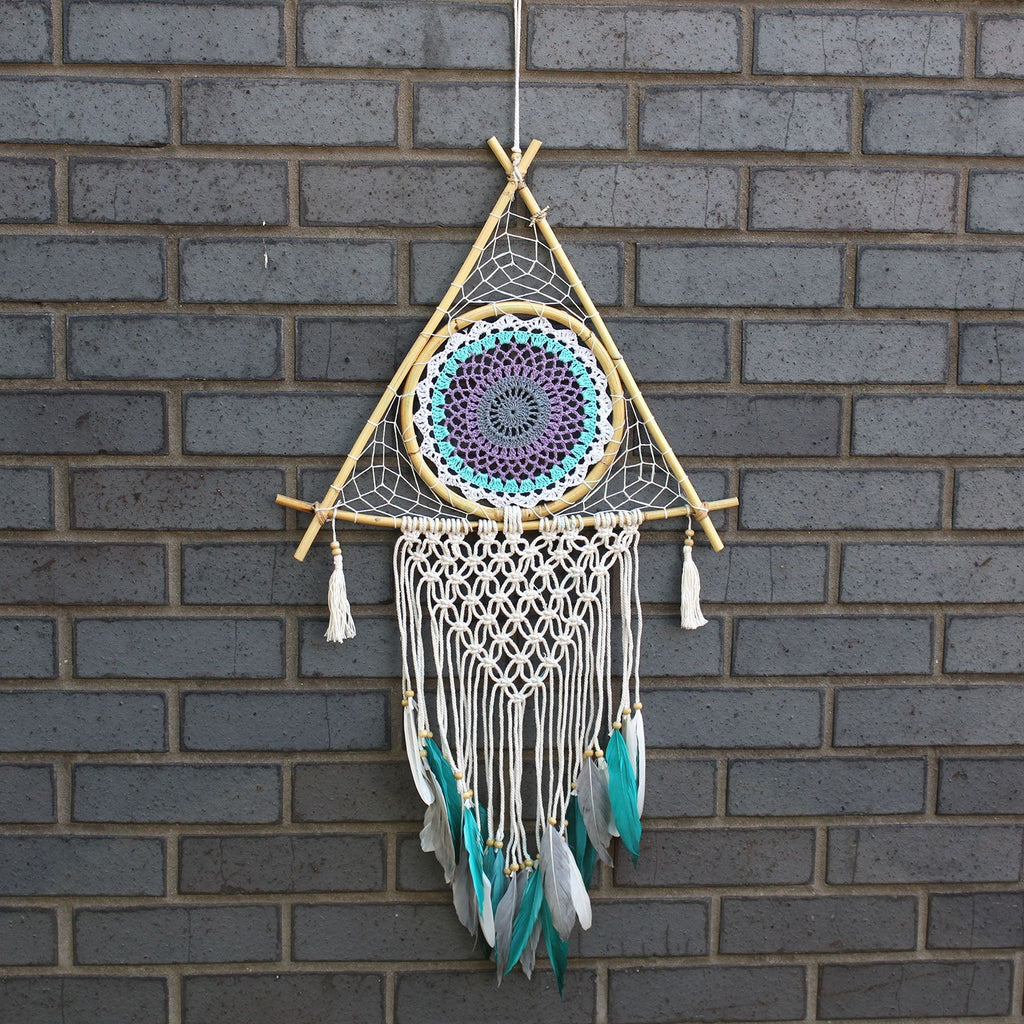 Macrame Protection Dream Catcher ~ White and Turquoise