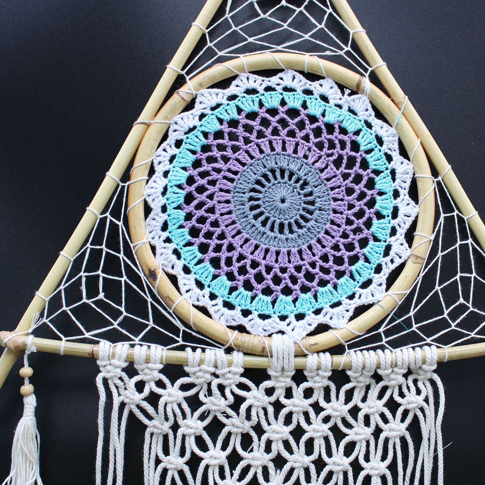 Macrame Protection Dream Catcher ~ White and Turquoise