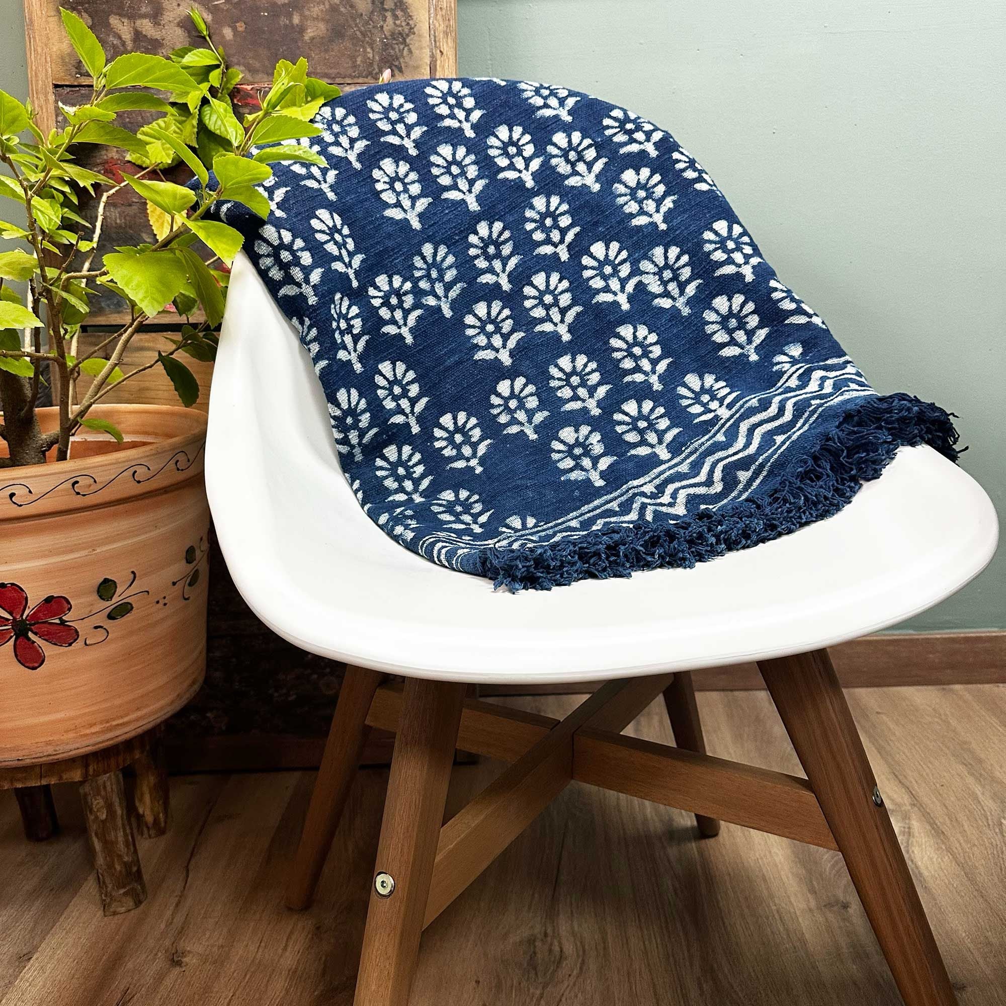 Handmade Indigo Chhota Flower Throw ~ 170x120cms
