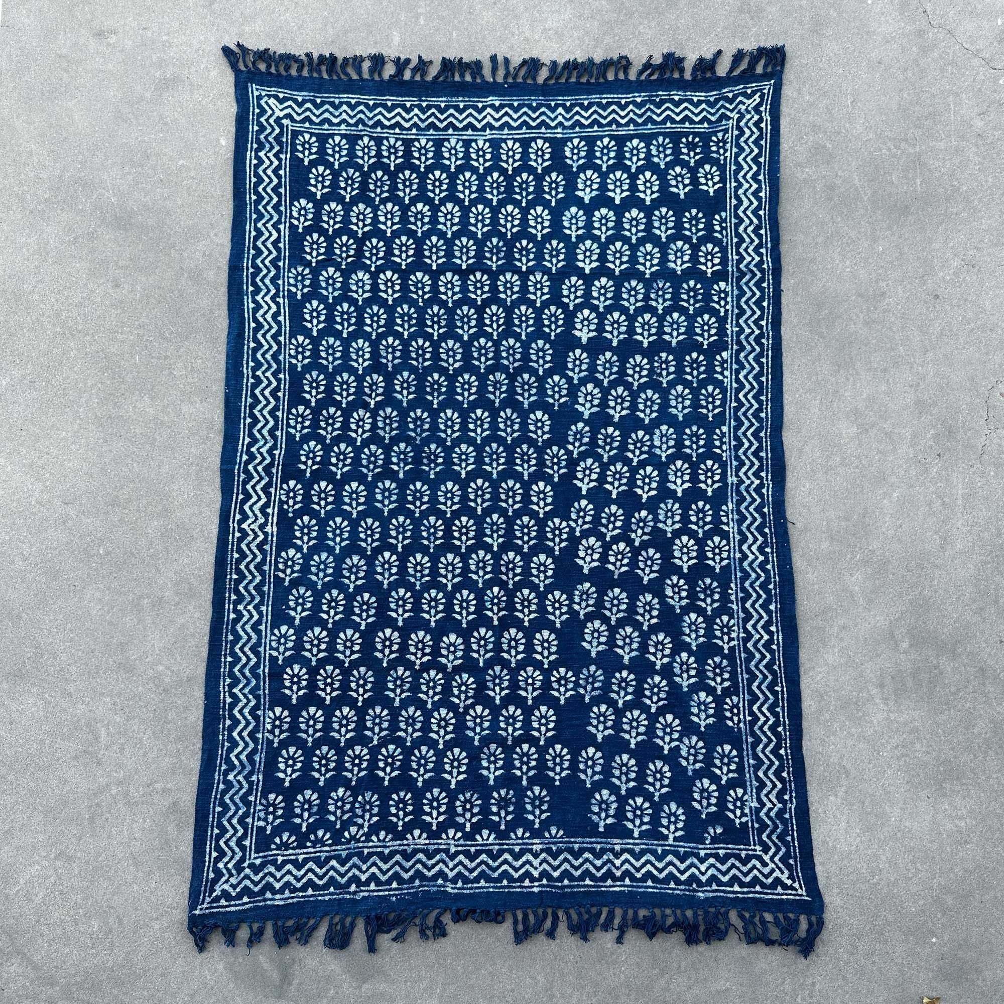 Handmade Indigo Chhota Flower Throw ~ 170x120cms
