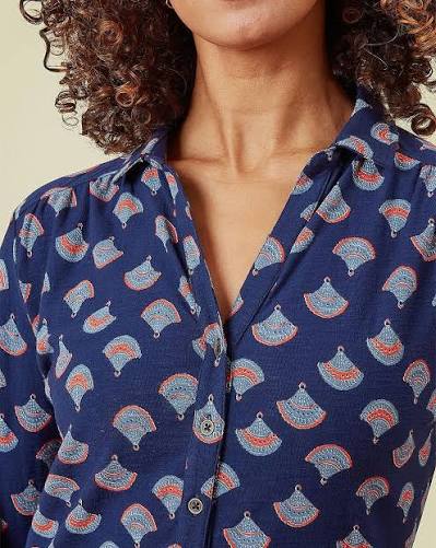 Adini Salina Cotton Jersey Button Shirt – Evening Blue Fan Print